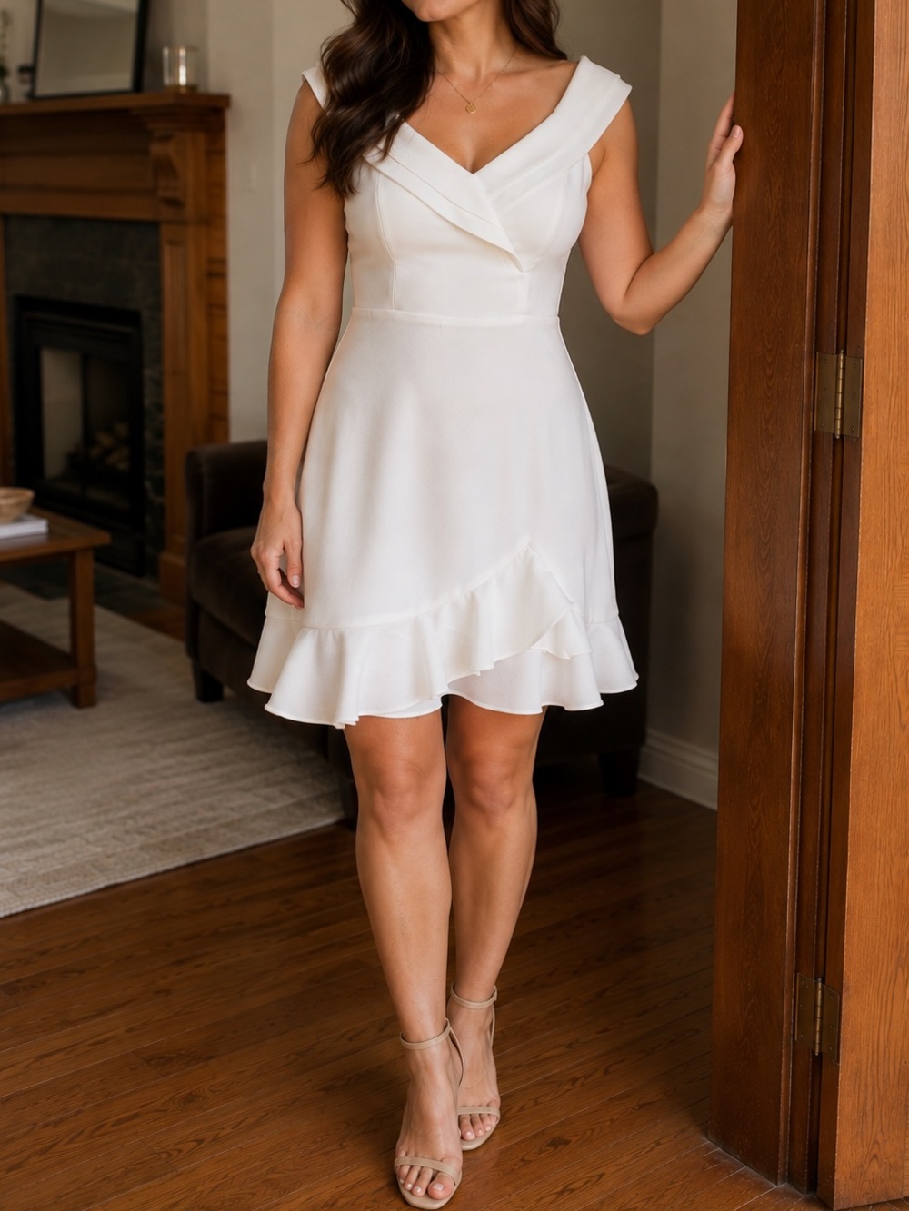 Women’s size 9 white V‑Neck Ruffle Hem Dress